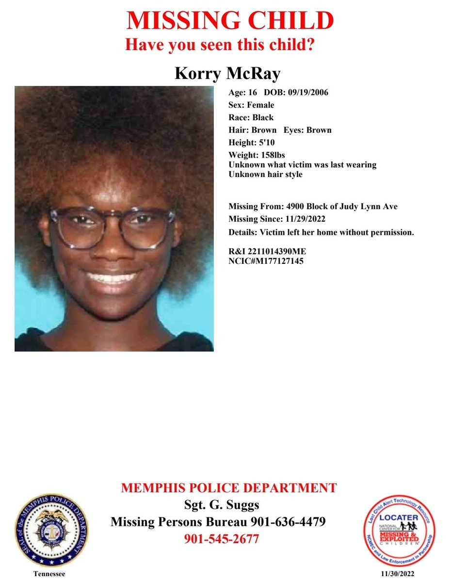 MEM_PoliceDept's tweet photo. Have you seen Korry McRay?
Report #2211014390ME https://t.co/boiniYOt40