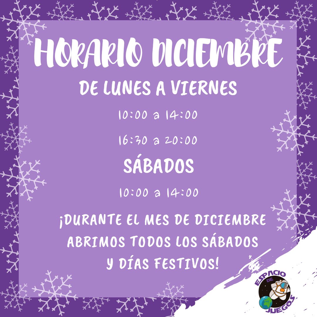 🎄 Este mes de diciembre vamos a estar a tope ayudando a Papá Noel y a los Reyes Magos a dejar a punto vuestros juegos.

Por eso hemos decidido abrir también los sábados de 10:00 a 14:00 y los días festivos en horario normal. No dudéis en visitarnos 🌠

¡Os esperamos! 🎅🏻