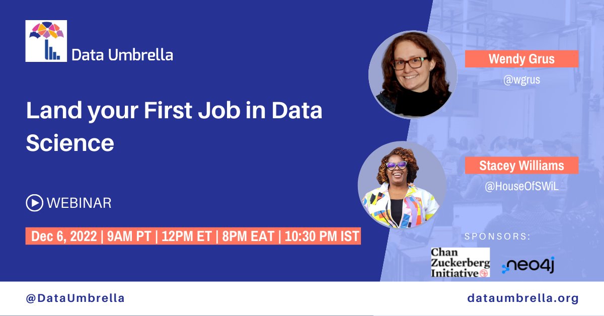 Our upcoming event:
📢 Land your First Job in Data Science
🗣️ <a href="/HouseOfSWiL/">SWiL</a> &amp; @wgrus
🗓️ Tues, December 6, 2022
⏰ 9am PT / 12pm ET / 7pm EAT / 9:30pm IST
#cziscience #neo4j #career #datascience

bit.ly/3H3nKzD