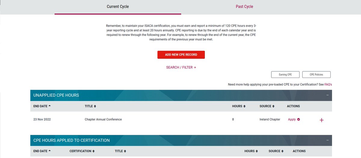 ISACA Ireland (@isacaireland) on Twitter photo If you attended the <a href="/ISACAIreland/">ISACA Ireland</a> Conference last week, you should now see the relevant CPEs available when you login to the ISACA portal. You just need to make sure you "apply" them to your certificate(s). If you attended the <a href="/ISACAIreland/">ISACA Ireland</a> Conference last week, you should now see the relevant CPEs available when you login to the ISACA portal. You just need to make sure you "apply" them to your certificate(s).