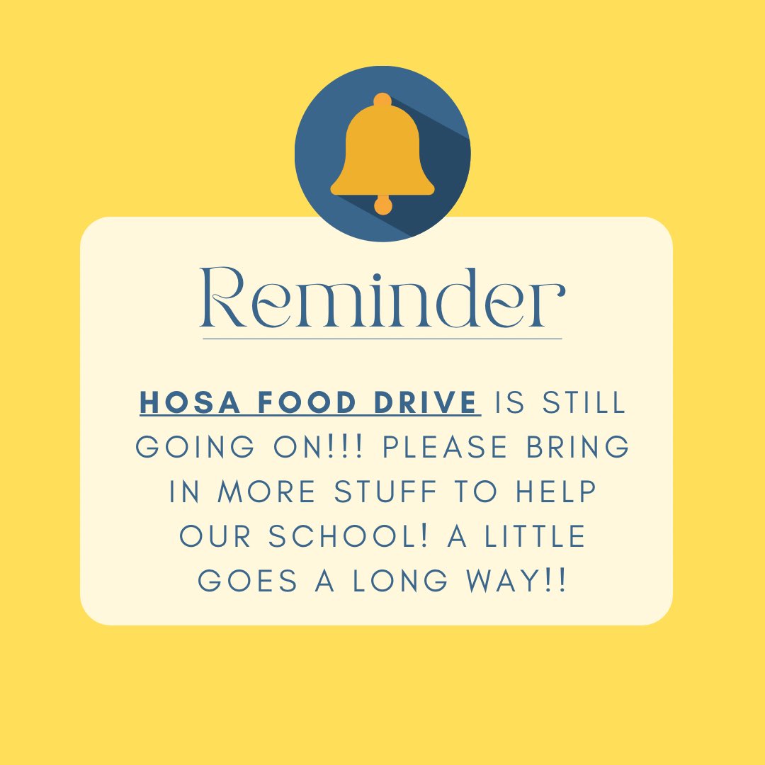 BsshsHosa's tweet photo. HOSA FOOD DRIVE STILL ONGOING! Please pitch in! HOSA and South Pantry would really appreciate your help! :) https://t.co/jwHwYw9g5R