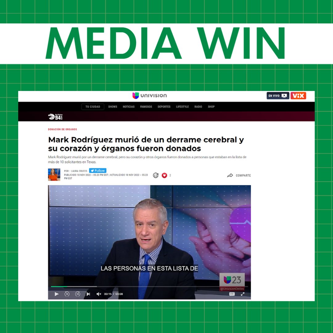 threeboxinc's tweet image. Earlier this month, Three Box helped coordinate a media segment with @Univision23dfw for client @swtransplant on the importance of organ donation and how #1YES can save lives. #MediaRelations #ClientHighlight

univision.com/local/dallas-k…