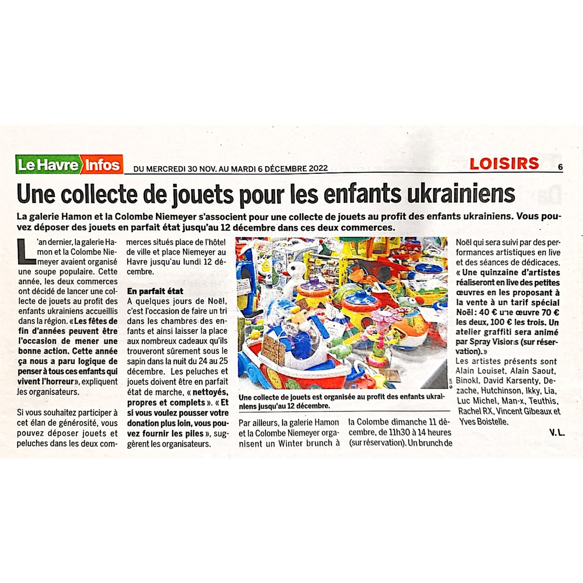 Collecte de jouets ouverte!
Je suis ravie de vous annoncer notre partenariat avec le Rotary club qui s'engage personnellement à livrer vos donations aux enfants Ukrainiens!
Si vous souhaitez participer à cette belle action de solidarité merci de nous apporter vos dons!