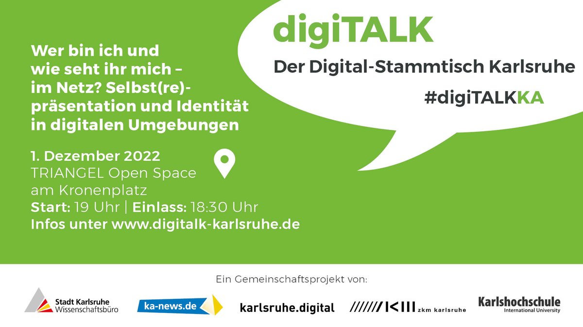 Morgen findet der #digitalkka "Wer bin ich und wie seht ihr mich - im Netz?" statt. 

Forscher*innen <a href="/karlshochschule/">Karlshochschule</a> diskutieren gemeinsam mit euch, wie wir uns selbst im Digitalen darstellen &amp; gesehen werden (wollen). 

Start: 18:30h

karlsruhe.de/stadt-rathaus/… 

#KarlsruheDigital