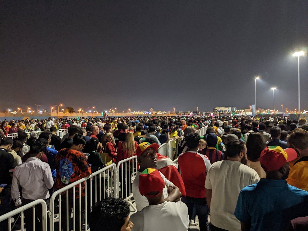 vvorldcup's tweet photo. The part you don't get to experience watching @BBCSport , standing in line after a game to get the bus. #FIFAWorldCup #queing https://t.co/r7FSP7Y18L