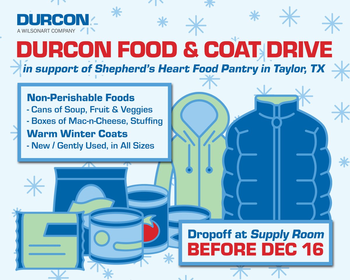 Durcon_Inc's tweet photo. Durcon Employees - Our annual Food &amp; Coat Drive in support of Shepherd's Heart Food Pantry has begun. To contribute, please bring non-perishable &amp; canned foods, and new-to-gently used winter coats of all sizes to the Supply Room at the Taylor facility no later than December 16th https://t.co/kw4KFB1yTY