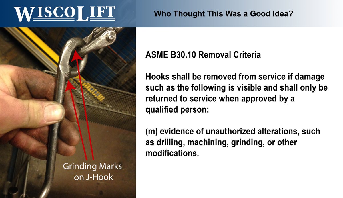 LiftWisco's tweet photo. Don't forget to inspect your lifting hooks for damage before making a lift. OSHA and ASME state that any evidence of drilling, machining, grinding or modifications require the hook to be taken out of service.
#Safety #Lifting #RemovalCriteria #LiftingHooks #Inspections #Rigging https://t.co/PrnEdLAA2W
