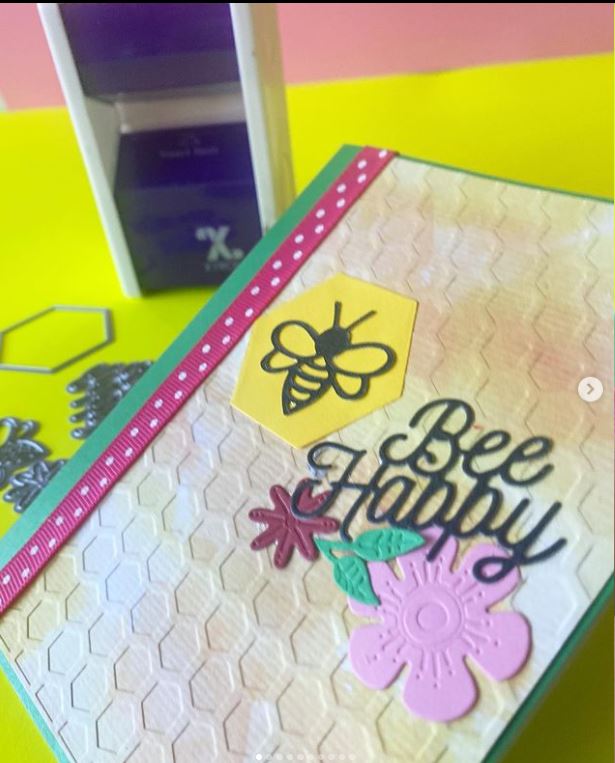 A quote from our friend Betzy #Betzydesigns  Don’t buy generic cards off the shelf 🙅🏻‍♀️
You can make them yourself fast and professionally.
The Bee Happy Dies & Embossing Folder features bee-themed images and text.

#craftwithxyron #xyronstickstogether #handmadecards #papercrafts