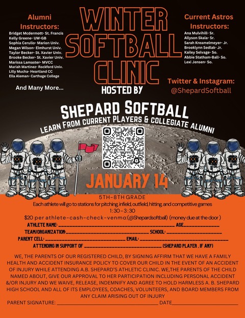 Shepard High School Softball (@shepardsoftball) on Twitter photo 🥎Calling all 5th-8th Graders! 🥎
Join us for a Winter Clinic hosted by our Alum & Astros! January 14th|1:30-3:30|Indoors|Pre-Register
Bring a friend or Bring your team!
(You do not need to be a future Astro to attend clinics) <a href="/PhprRec/">Palos Heights Rec.</a> <a href="/WorthParkDist/">Worth Park District</a> <a href="/WorthSD127/">Worth School District 127</a> <a href="/alsipparks/">Alsip Park District</a> 🥎Calling all 5th-8th Graders! 🥎
Join us for a Winter Clinic hosted by our Alum & Astros! January 14th|1:30-3:30|Indoors|Pre-Register
Bring a friend or Bring your team!
(You do not need to be a future Astro to attend clinics) <a href="/PhprRec/">Palos Heights Rec.</a> <a href="/WorthParkDist/">Worth Park District</a> <a href="/WorthSD127/">Worth School District 127</a> <a href="/alsipparks/">Alsip Park District</a>