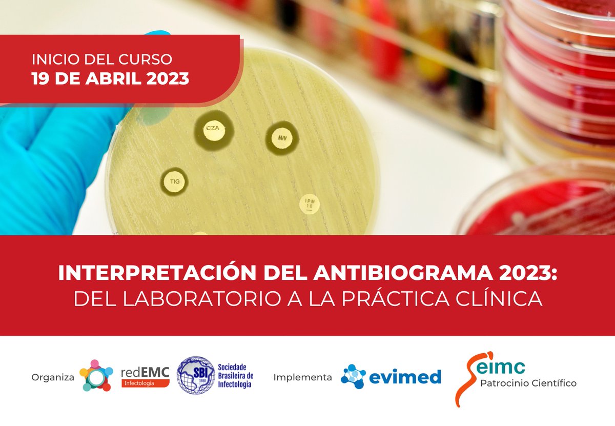 ¡𝗡𝗨𝗘𝗩𝗢 𝗖𝗨𝗥𝗦𝗢! Interpretación del Antibiograma organizado junto a la Sociedad Brasilera de Infectología SBI y con el Patrocinio Científico de la <a href="/SEIMC_/">SEIMC</a> 

🗓️ Inicio 19 de abril 2023 
🎓 Totalmente online y con Certificado 
👉redemc.net/antibiograma20…