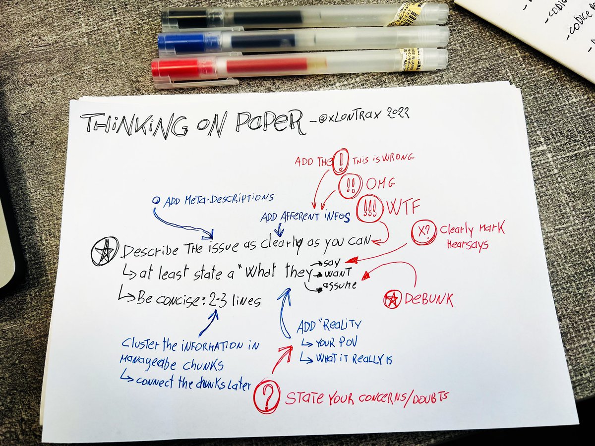 xLontrax's tweet image. Someone asked me how my notes work

Super simple! This is the #thinkonpaper system I use in #problemsolving 

3 layers 
- black are facts
- blue are additional info and articulations
- red are the problems/criticalities 

It’s a map of my train of thoughts
It works every time