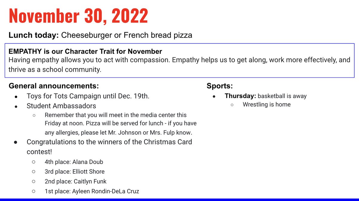ForbushMS's tweet photo. Announcements for Wednesday, November 30, 2022 https://t.co/x4H94VhP9a
