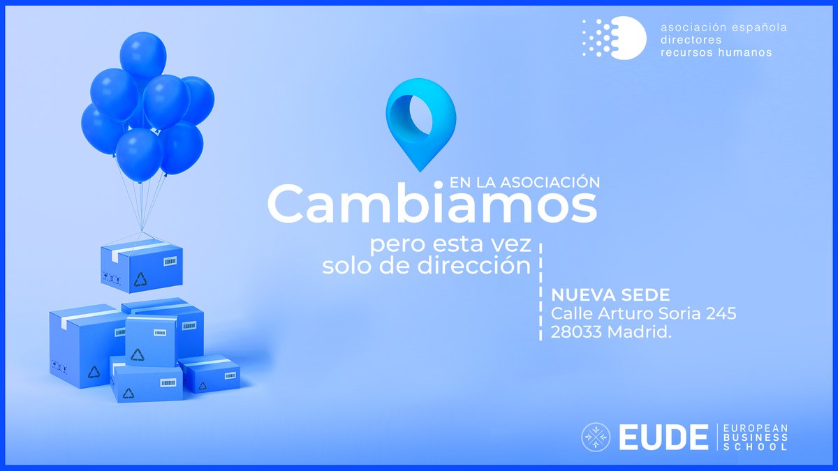 AEDRH's tweet photo. ¡𝗡𝗼𝘀 𝘁𝗿𝗮𝘀𝗹𝗮𝗱𝗮𝗺𝗼𝘀! A partir de ahora puedes encontrar la sede de la @AEDRH en las instalaciones de @EUDEbusiness en Madrid, nuestro nuevo colaborador institucional.
📍 Estamos en Arturo Soria, 245
Pásate por nuestra web y entérate de todo: https://t.co/dgFVVLWkI9 https://t.co/ouugoXU6Yf