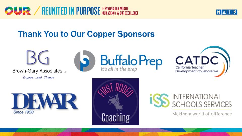 NAISnetwork's tweet photo. Special thanks to our 2022 #NAISPoCC copper sponsors! 

@Wix, @BuffaloPrep, @The_CATDC, A.W.G. Dewar, First Rodeo Coaching,  @ISSCommunity https://t.co/buW9L7FWCL