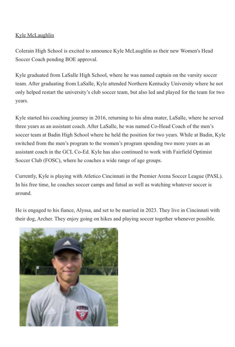 Colerain High School is excited to announce Kyle McLaughlin as their new Women's Head Soccer Coach pending BOE approval. 

We will hold a player parent meeting in the near future at CHS more info to follow.