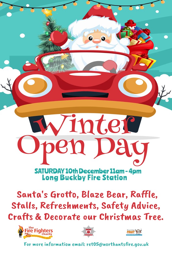 Not long now until our Long Buckby Fire Station hold their Winter Open Day.
📅Saturday 10th December
🕚11am - 4pm
Come along for Santa's grotto, meet Blaze Bear, and visit other stalls including crafts, refreshments, raffle and safety advice.