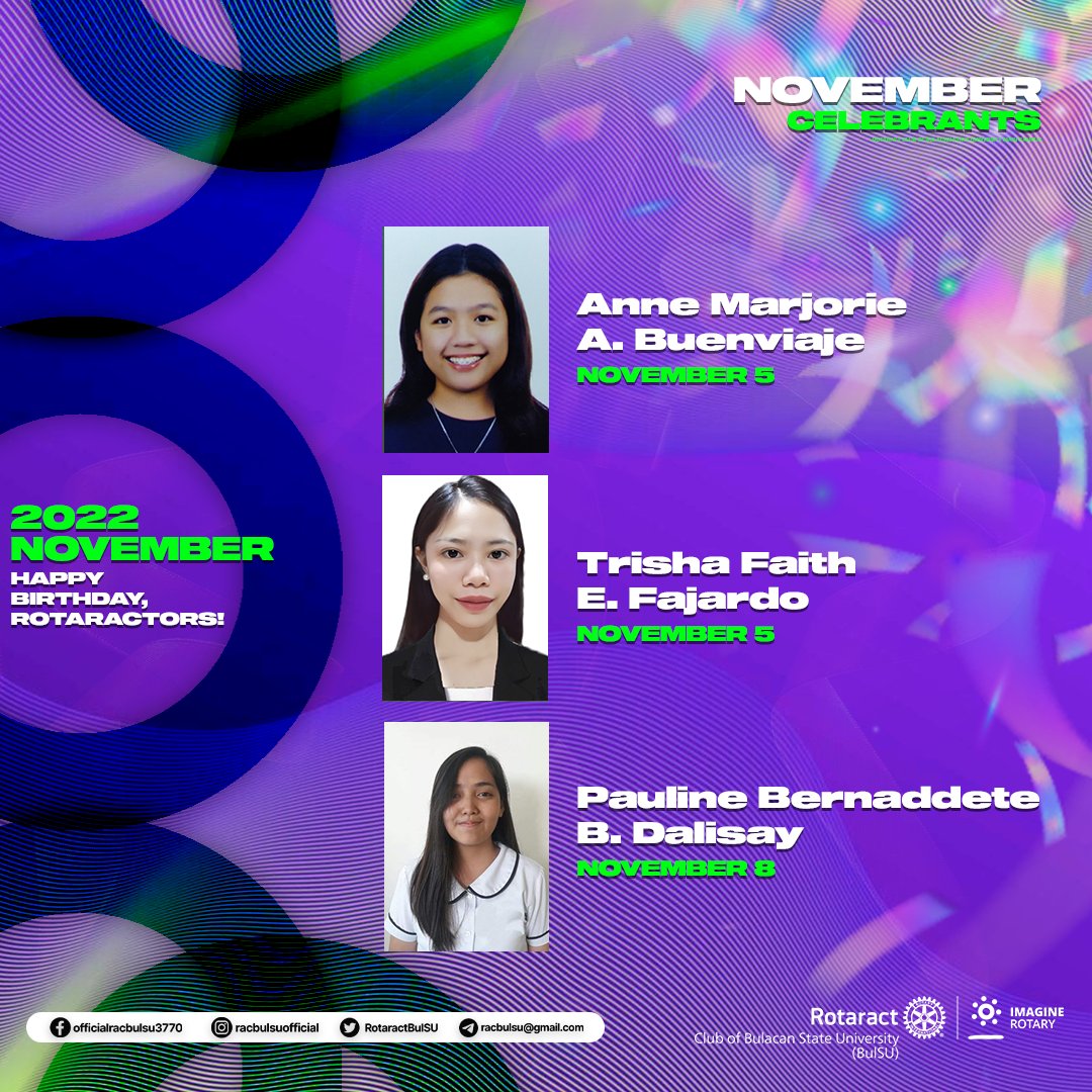 RotaractBulSU's tweet photo. Before we welcome the month of December, let us give our warm wishes to our November celebrants! 🎊

RAC BulSU wishes you a happy and blessed birthday! 🎉 We hope that you celebrated it with joy and gratefulness 🤍💚💜 https://t.co/jouGeMmLvB