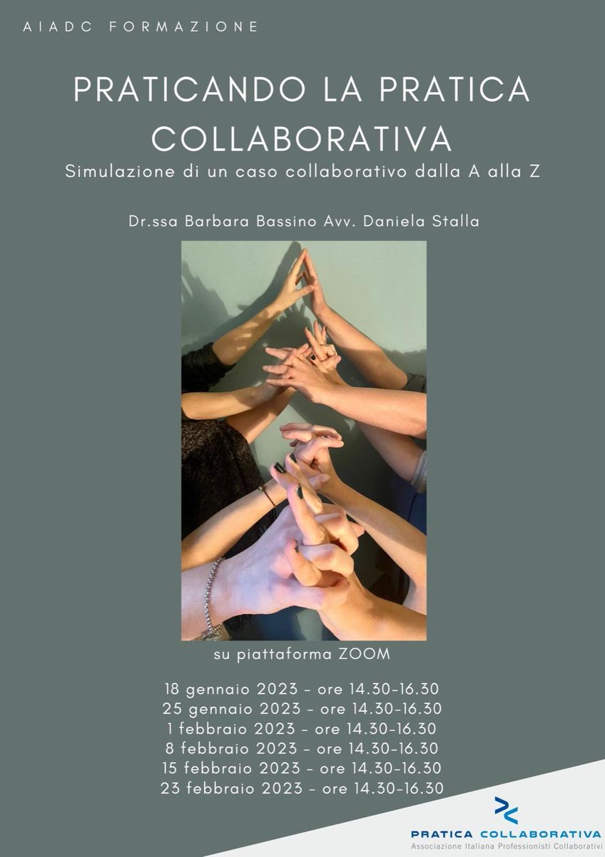 icollaborativi's tweet photo. 📌 18 e 25 gennaio
📌 1, 8, 15 e 23 febbraio
La #praticacollaborativa dalla A alla Z.Piattaforma #zoom (dalle 14,30 alle 16,30).@StallaDaniela e Barbara Bassino guideranno 20 #professionisticollaborativi nella #simulazione di un caso.
Iscrizioni entro il 13/1.
#aiadc #formazione https://t.co/9GyfgQi0yI