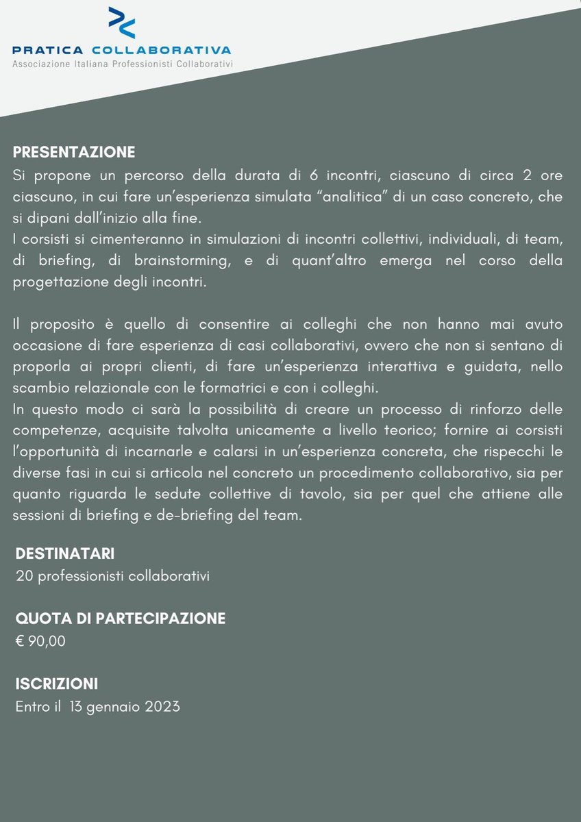 📌 18 e 25 gennaio
📌 1, 8, 15 e 23 febbraio
La #praticacollaborativa dalla A alla Z.Piattaforma #zoom (dalle 14,30 alle 16,30).@StallaDaniela e Barbara Bassino guideranno 20 #professionisticollaborativi nella #simulazione di un caso.
Iscrizioni entro il 13/1.
#aiadc #formazione