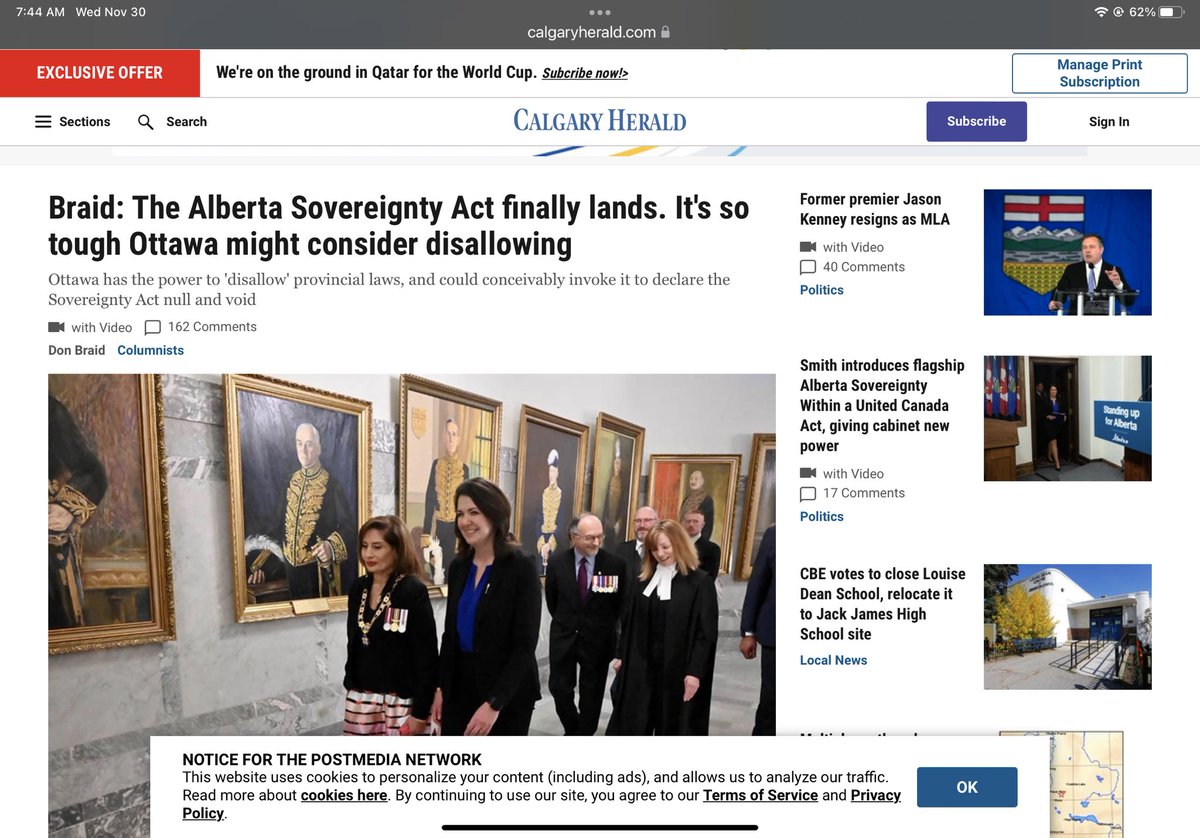JLisaYoung's tweet photo. This is the digital ‘front page’ of the Calgary Herald this morning. Someone who doesn’t follow politics closely would be left with the impression, from the headline, that the SA is so ”tough” the feds might take extraordinary action. No mention of emergency powers. Misleading. https://t.co/maNPi3zkkG