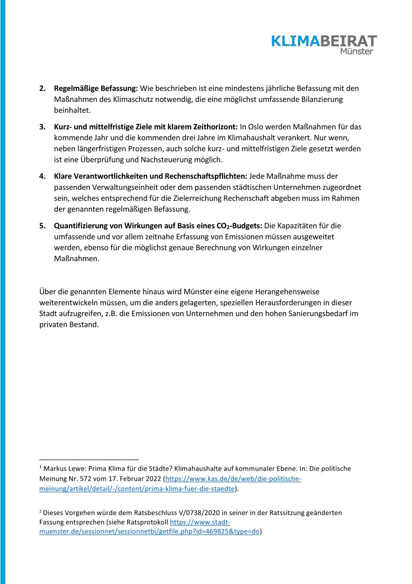 Der Klimabeirat hat heute eine Stellungnahme veröffentlicht und schlägt vor, in <a href="/muenster_de/">Stadt Münster</a> einen sog. #Klimahaushalt einzuführen. Dabei geht es um die Verbindung einer konkreten THG-Bilanzierung mit verbindlichen Klimaschutzmaßnahmen und regelmäßiger Berichterstattung.