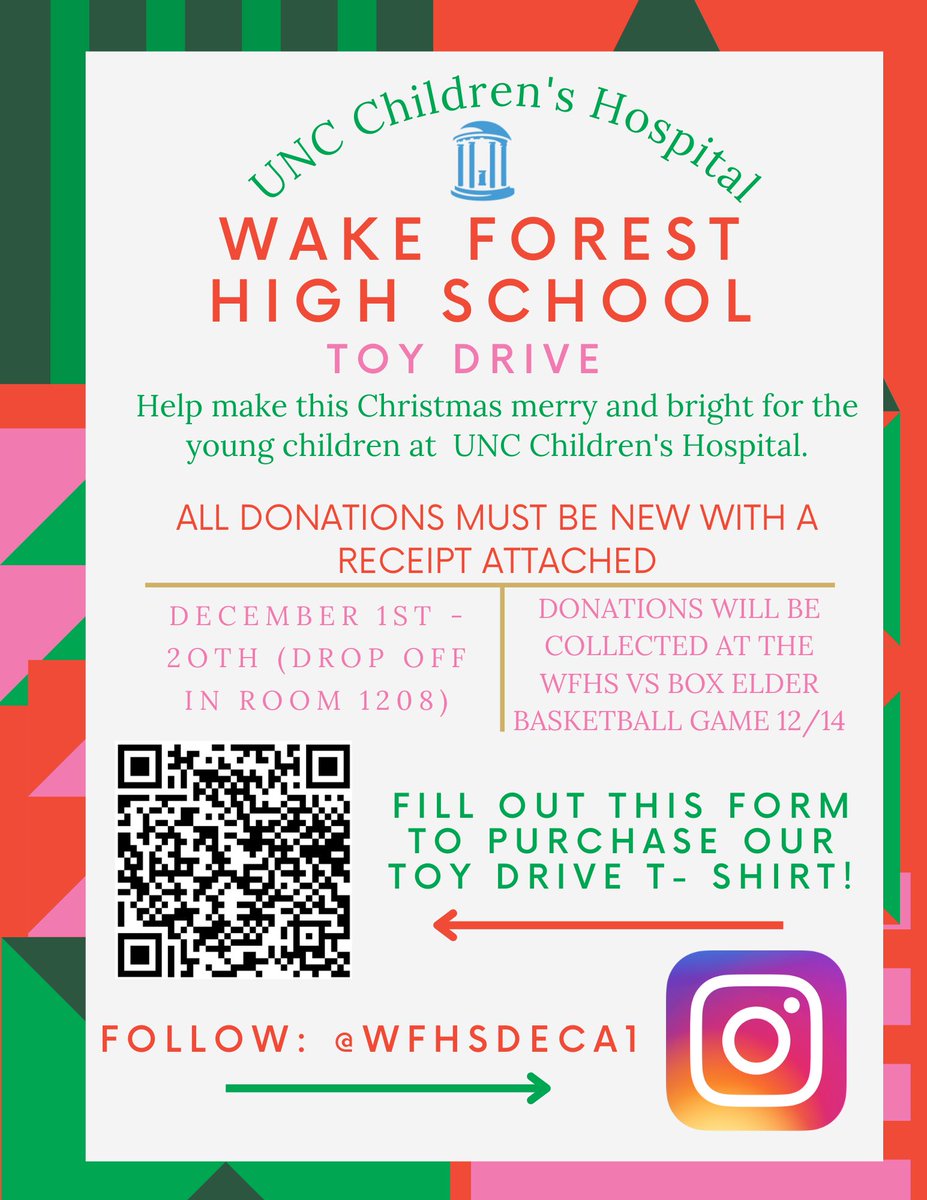 DECA is hosting a toy drive through UNC Children's Hosp this semester and will start collecting toys on DECEMBER 1st in Mrs. Walker's room (1208). DECA will also be collecting toys at the basketball game on December 14th (all donations must be new and have a receipt). <a href="/wfhsdeca1/">WFDECA</a>