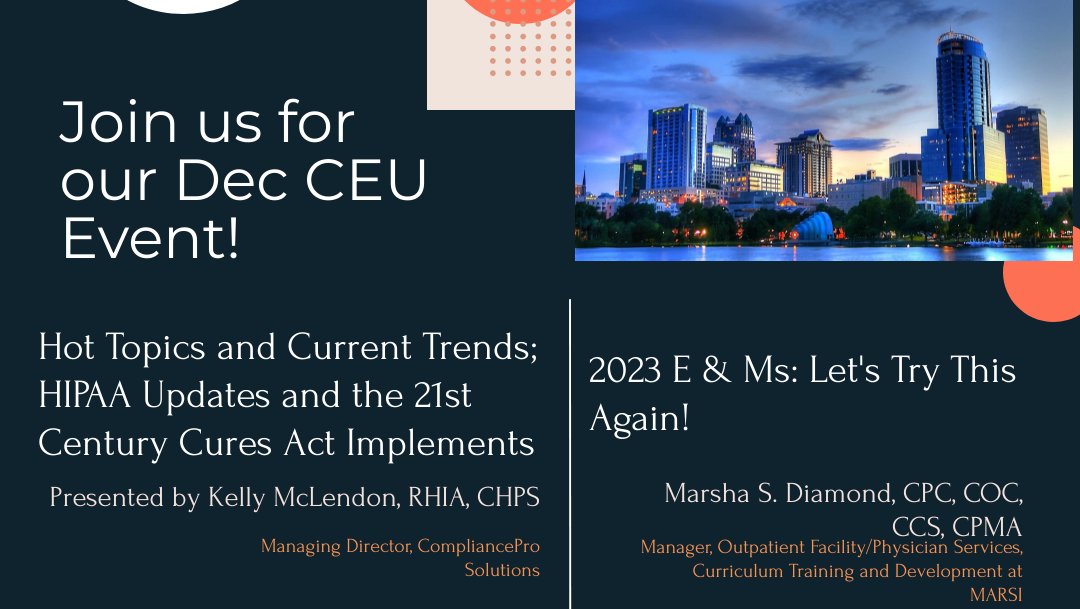Tomorrow, Dec. 1, <a href="/HIMprivacyGURU/">Kelly McLendon, RHIA</a> will be speaking at a <a href="/CFHIMAofficial/">CFHIMA</a> event to talk Hot Topics and Current Events in Privacy and Security. 

Register now to attend: centralfhima.org/event-details/…