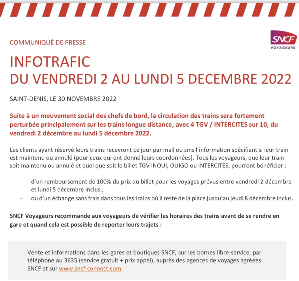 alainkrakovitch's tweet photo. Mvt social des chefs de bord, malgré de longues négociations ➡️ circulation @TGVINOUI @Intercites @OUIGO très perturbée du 2 au 5 déc. 
Echange/remboursement gratuits afin de reporter votre voyage. 
Nous faisons tout avec les équipes @SNCFVoyageurs pour assurer le max de trains. https://t.co/TgOm7gxMKZ