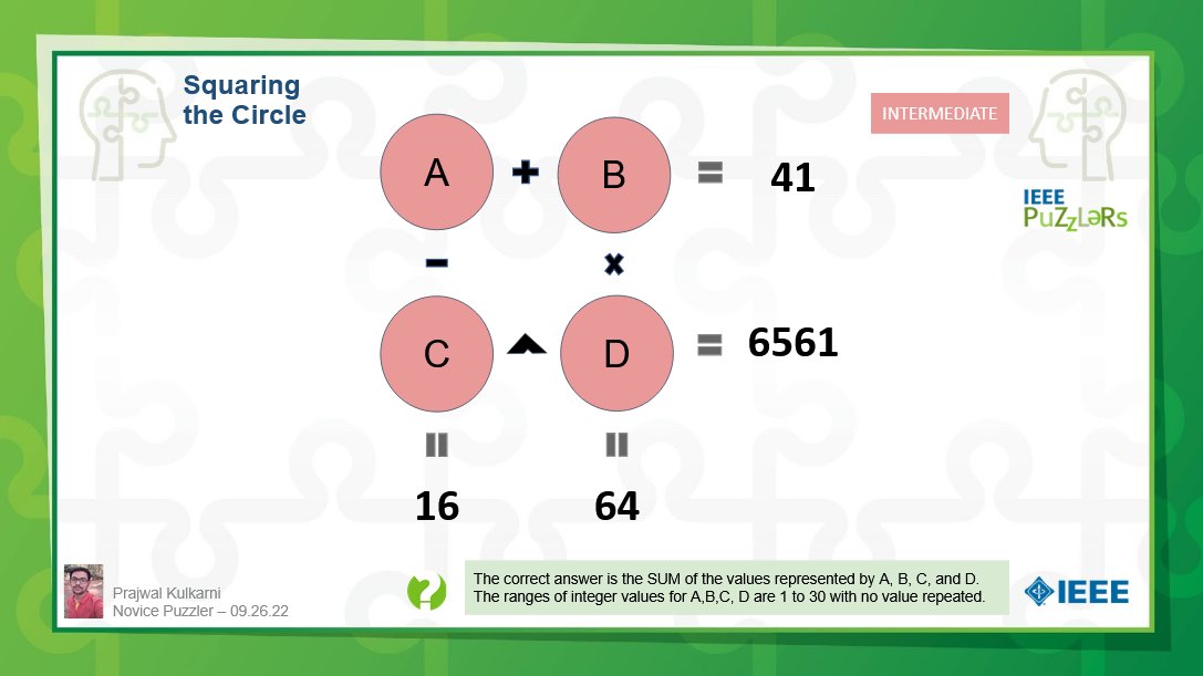 Work the numbers to solve this squaring the circle #puzzle.  Solve it in the #IEEE Puzzlers community and earn Puzzler badges.
ieee-collabratec.ieee.org/app/community/…