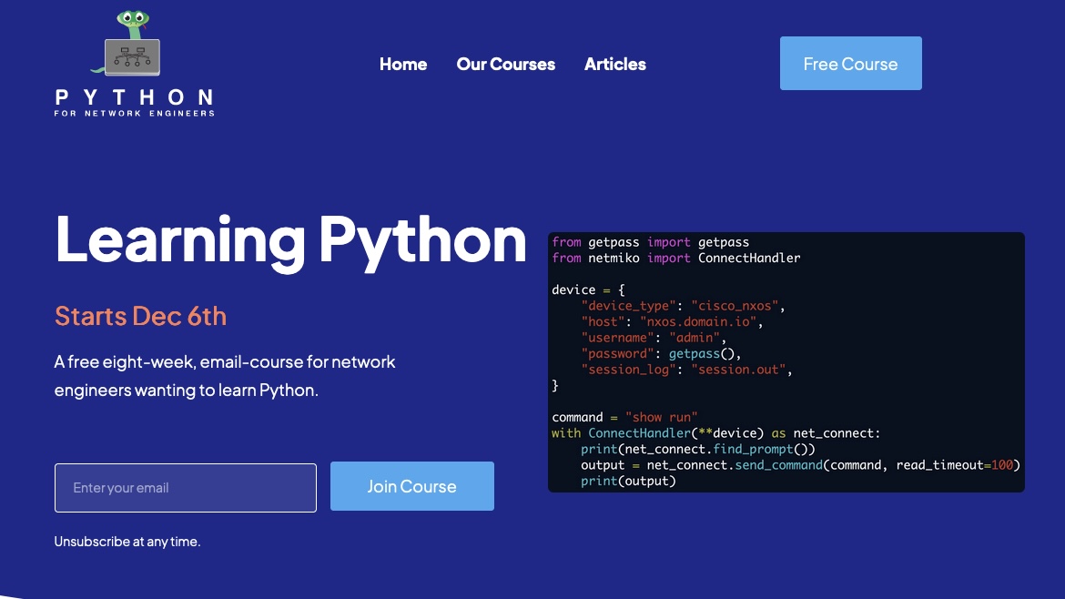 The great „Learning #Python for #network engineers“ course by <a href="/kirkbyers/">Kirk Byers</a> starts Dec 6.
Over 8 weeks you‘ll get emails with self-paced learning material.
It‘s a good starting point if you want to automate your network tasks and are not familiar with Python.
pynet.twb-tech.com/free-python-co…