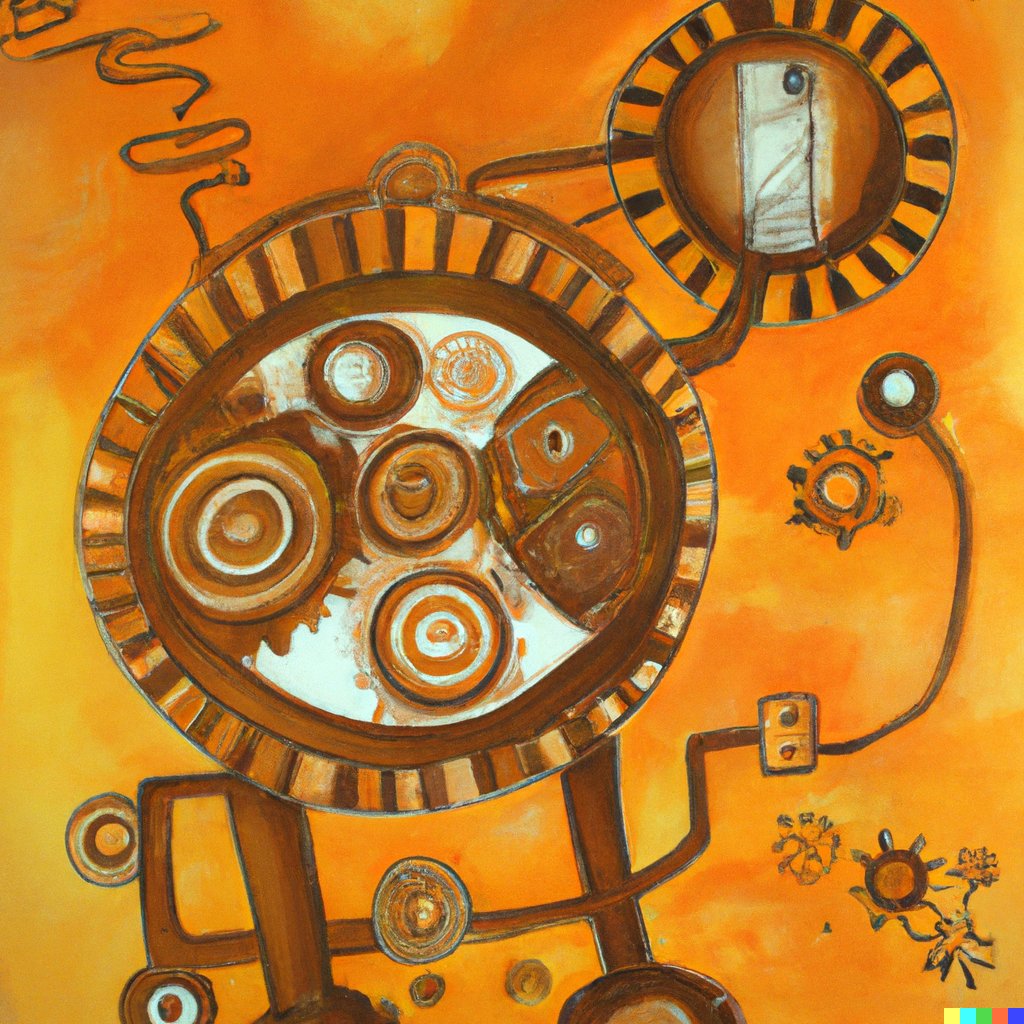 hieristdavid1's tweet photo. An expressive painting of a machine made from gears, wires and circles, warm colors https://t.co/hJsfKOW6Sp