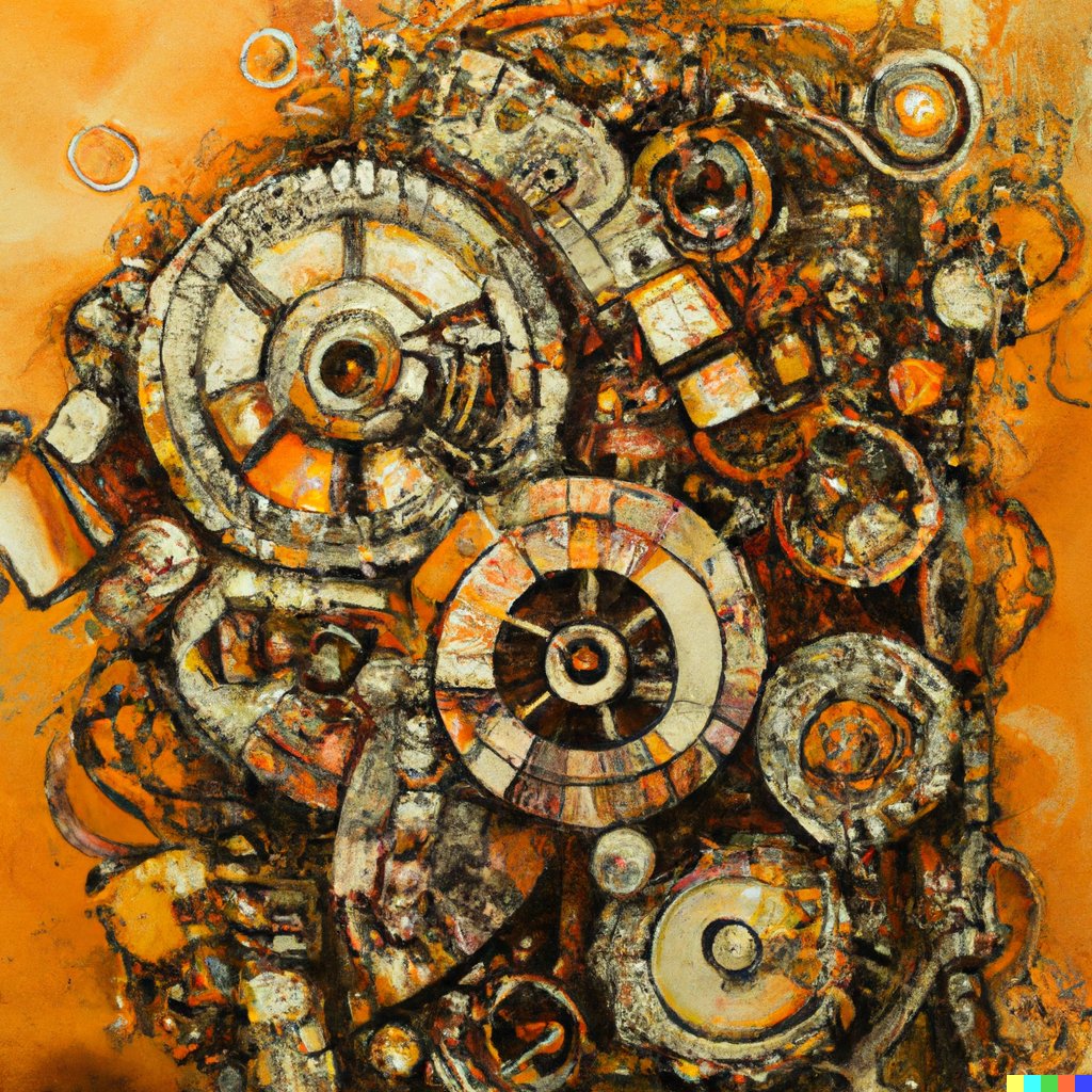 hieristdavid1's tweet photo. An expressive painting of a machine made from gears, wires and circles, warm colors https://t.co/hJsfKOW6Sp