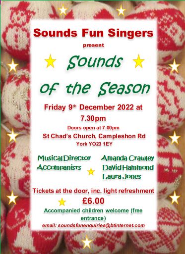 Sounds Fun Singers invite you to our seasonal concert on the 9th December. All details on the poster below. We hope you can join us for some winter musical cheer.