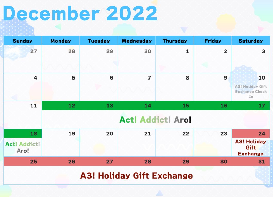 a3fanevents's tweet photo. What events are coming in December?

❄️❄️❄️❄️
Act! Addict! Aro:
#ActAddictAro
[Dec 12 - Dec 18]

A3! Holiday Gift Exchange:
#A3HolidayExchange2022
[Dec 24 - Dec 31]
❄️❄️❄️❄️

Other Dates:
❄️A3! Holiday Gift Exchange:
Check-In  on Dec 10 https://t.co/iE3U2qWpPj
