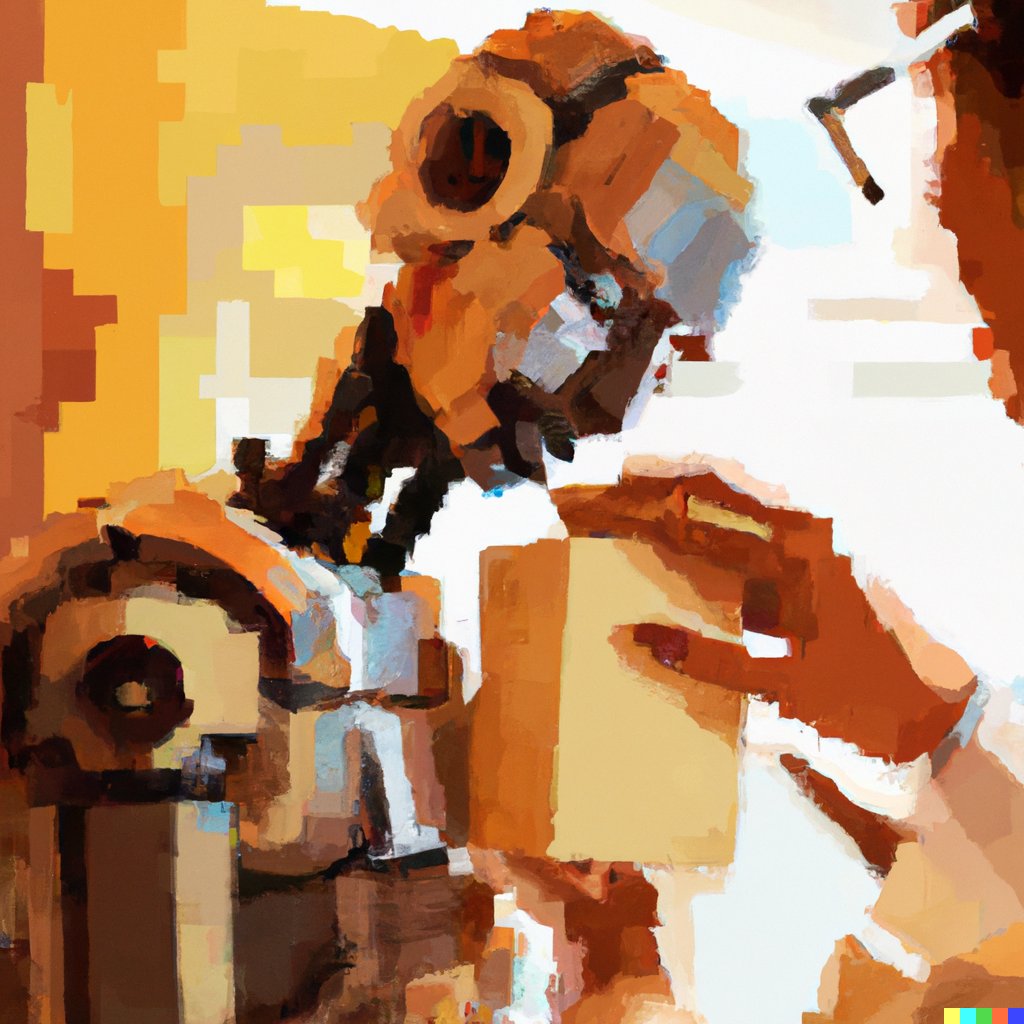 hieristdavid1's tweet photo. Generated some AI Art, really happy with how it turned out :)

This one is from the prompt "An expressive cubic painting of a scientist repairing a humanoid robot, warm colors" https://t.co/JBwZJOqEDD