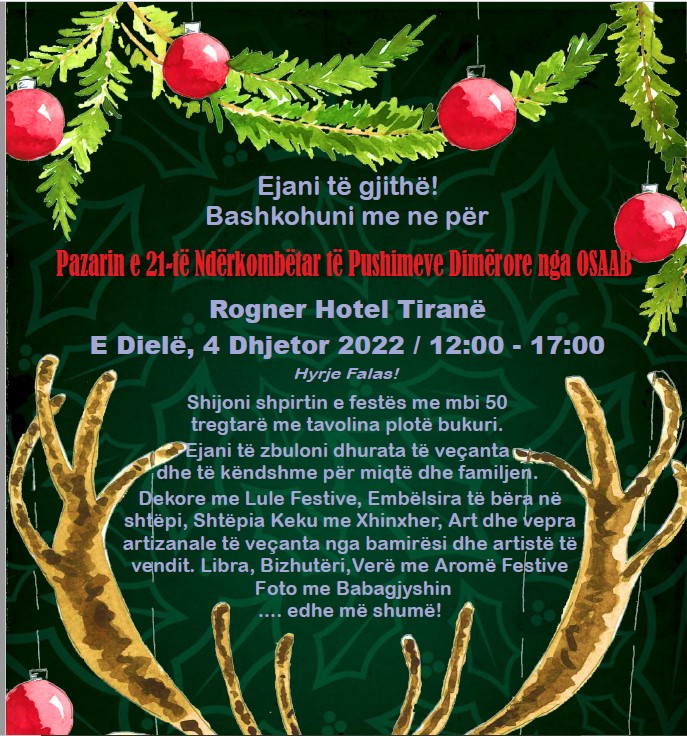 VisitTirana's tweet photo. Enjoy the Holiday Spirit with a choice of over 50 vendors with tables full of beauty. OSAAB 21st Annual Holiday Bazaar will be open on Sunday at #Rogner Hotel #Tirana.  ​100% of the funds raised will support to abandoned babies in the coming New Year! 
https://t.co/Zo2excGqrG https://t.co/UeGw939AX9