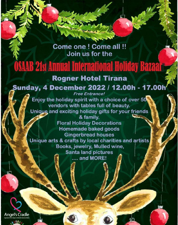 VisitTirana's tweet photo. Enjoy the Holiday Spirit with a choice of over 50 vendors with tables full of beauty. OSAAB 21st Annual Holiday Bazaar will be open on Sunday at #Rogner Hotel #Tirana.  ​100% of the funds raised will support to abandoned babies in the coming New Year! 
https://t.co/Zo2excGqrG https://t.co/UeGw939AX9