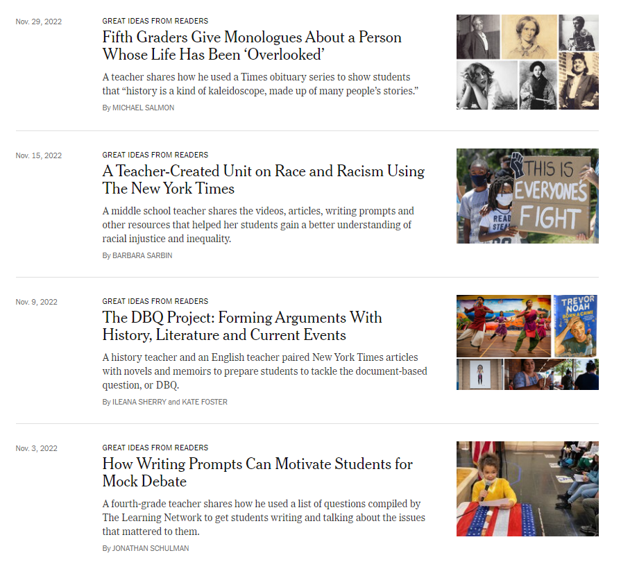 NYTimesLearning's tweet photo. Want to see ALL the inspiring ideas teachers have sent us over the years? Check out this column:

https://t.co/lNecSeD2jb https://t.co/gUqu6jEUph