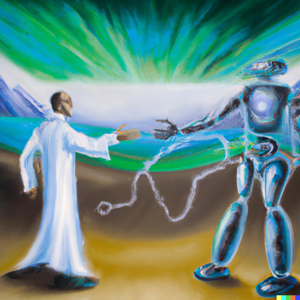 hieristdavid1's tweet photo. A futuristic oil painting of a scientist and a humanoid robot shaking hands, full body shot, blue and green colors, swirling energy https://t.co/3uXVd4xTfM