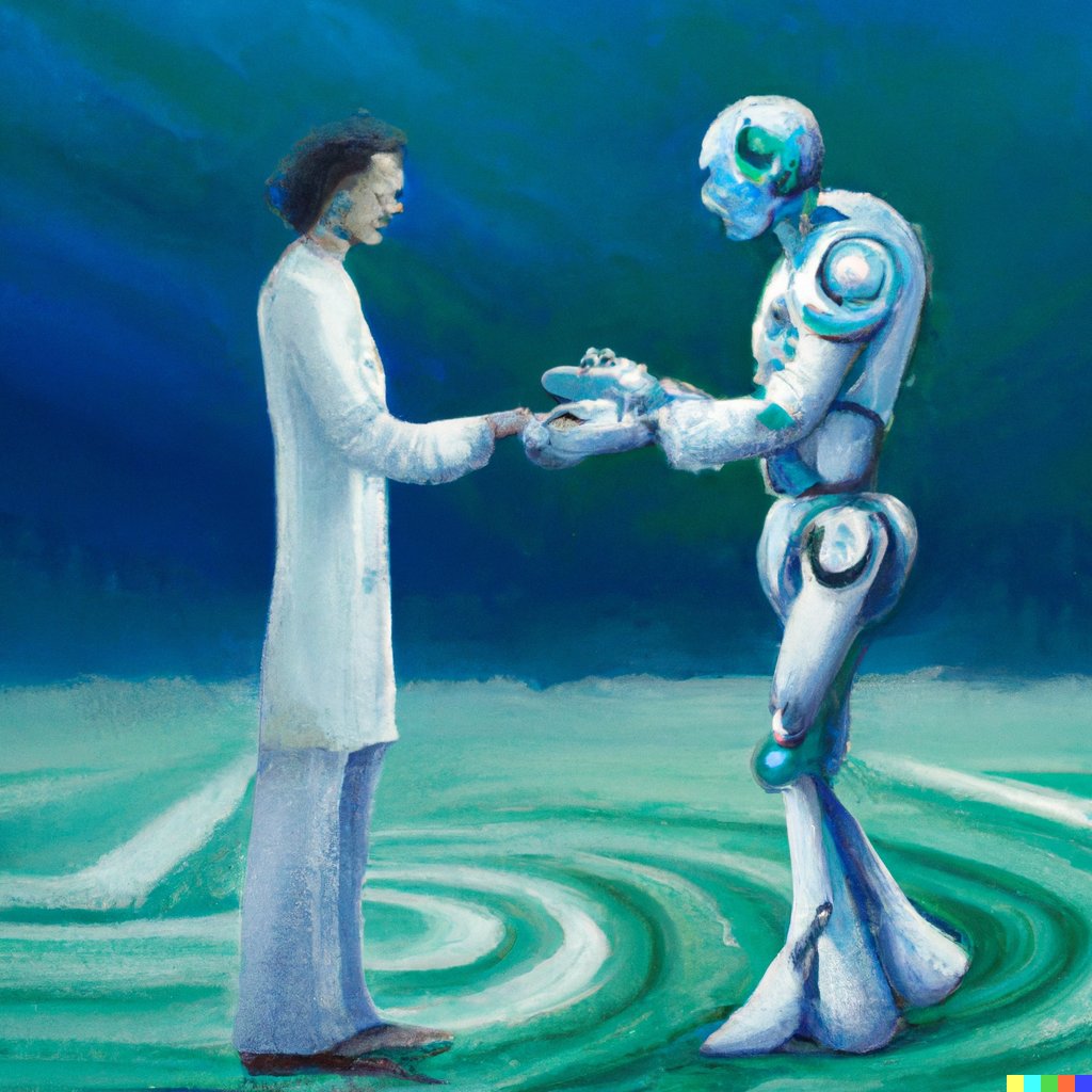 hieristdavid1's tweet photo. A futuristic oil painting of a scientist and a humanoid robot shaking hands, full body shot, blue and green colors, swirling energy https://t.co/3uXVd4xTfM