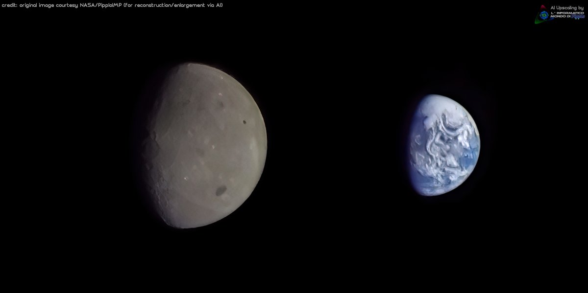LPipplo's tweet photo. The #Earth's system as seen on the 13th day of #flight from the #Orion for the #NASA's #Artemis1 mission. I also show some pictures, of the #Moon, as seen on the 6th and 11th days of flight. All photos are enlargements by our #artificial_intelligence model.
๐Yours #Pipplo. https://t.co/NsZiybVWP1