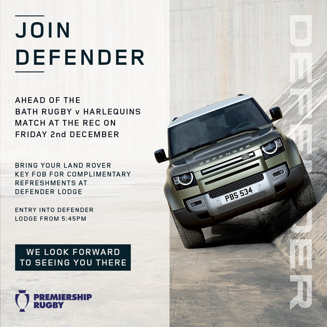 premrugby's tweet photo. Defender Lodge is at @bathrugby this Friday offering complimentary refreshments for Land Rover owners who present their key fobs. We look forward to seeing you there 🤩 https://t.co/z7lTAAV56w