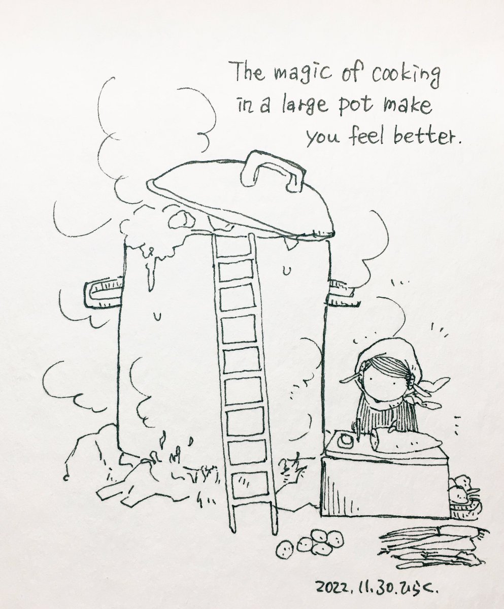 11/30:
大きな鍋で料理すると元気になる魔法。
The magic of cooking in a large pot makes you feel better. 

#Pavot  #ペン画 