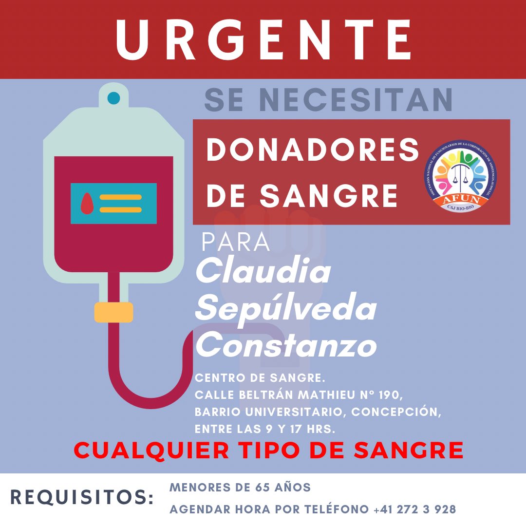 Nuestra Asociada Srta. Claudia Sepúlveda Constanzo, abogada del Cavi Concepción, se ha mantenido hospitalizada y en  delicado estado de salud hace ya  bastante tiempo, ayer fue operada del corazón y necesita con urgencia DADORES DE SANGRE
#DonarSangre #Concepcion #URGENTE #Chile