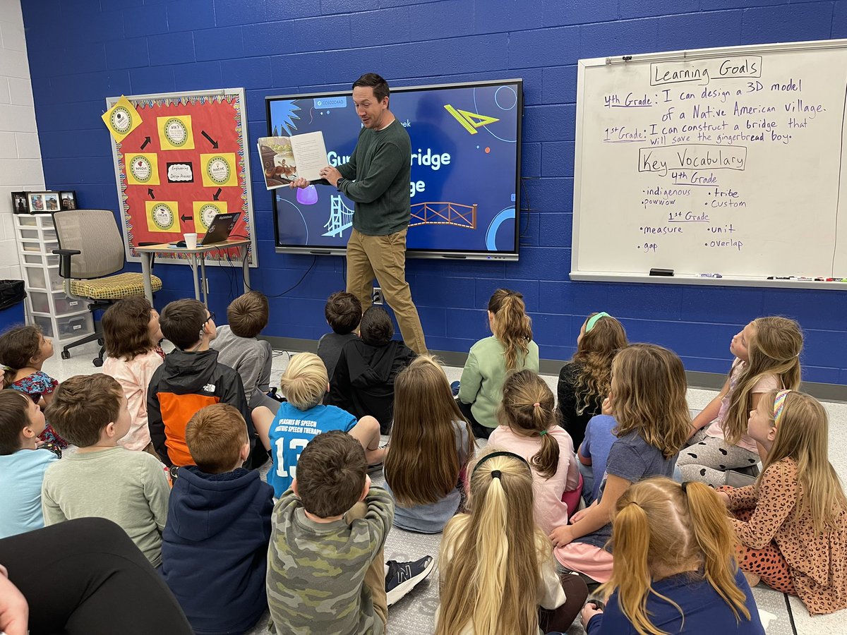 Molly_Capps's tweet photo. A read aloud in stem💗🤗🥳 1st graders hear about the gingerbread boy trying to escape the mean fox! Now, students must help the boy by creating a gumdrop bridge with 40 toothpicks and gumdrops🤗😍🤸‍♀️ #stem #readaloud #creating #DOKlevel4 #EngineeringProcess #FutureWolfpackers 😎 https://t.co/YutCYTjoGz