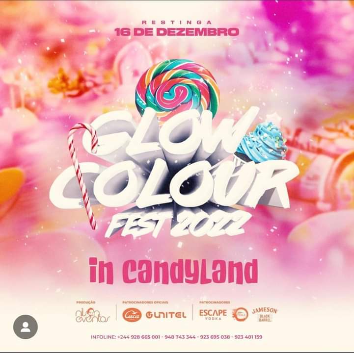 Candyland 🍭 é o tema escolhido para a 8⃣ edição da maior festa das cores, Glow Colour Fest by Nilson Eventos, e tem o selo oficial da melhor cerveja de Angola.

📅 Save The Date Sexta • 16 de Dezembro, 🏝  Ilha de Luanda  com as melhores atrações e Djs 🎧 da actualidade.