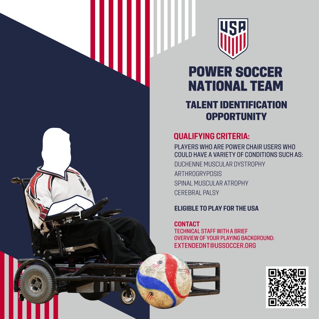 ussoccer_ENT's tweet image. Want to represent the 🔴, ⚪️ &amp;amp; 🔵? Talent ID Opportunity to join our U.S. Power Soccer National Team!

If you or someone you know is a soccer player with a qualifying condition, contact us for a chance to represent the USA &amp;amp; play for the #USPNT!

Use QR code or email to inquire.