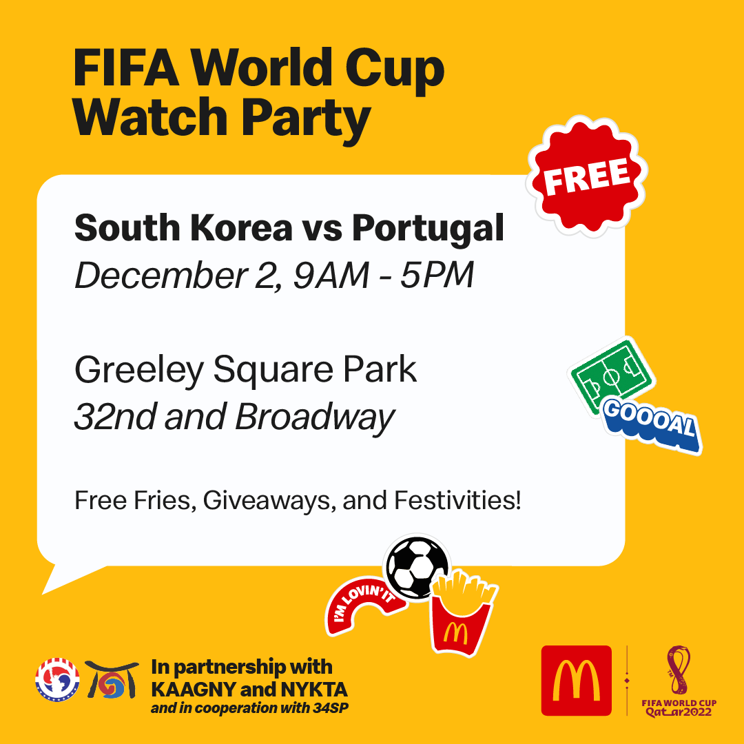 TheKAAGNY's tweet photo. #McDxFIFAWorldCup 
McDonald’s is bringing the World Cup to fans in NYC for the South Korea vs Portugal game with an outdoor watch party in Greeley Square Park on Friday, 12/2. Fans can enjoy McDonald's World Famous fries while cheering on Korea. https://t.co/ptqfGu6HgG