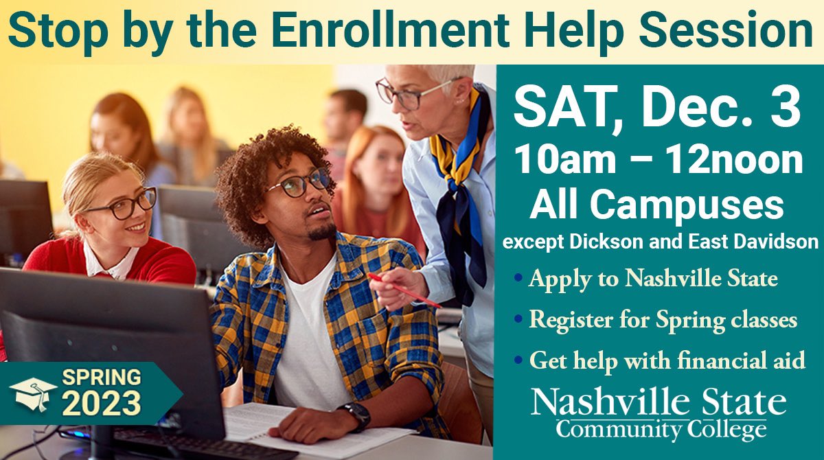 Dec. 3, 10am-Noon, on all campuses except Dickson &amp; East Davidson, there will be in-person enrollment assistance for anyone planning to attend Nashville State &amp; being part of the Falcon community. Attendees will be entered into a drawing for a $50 gift to the bookstore.