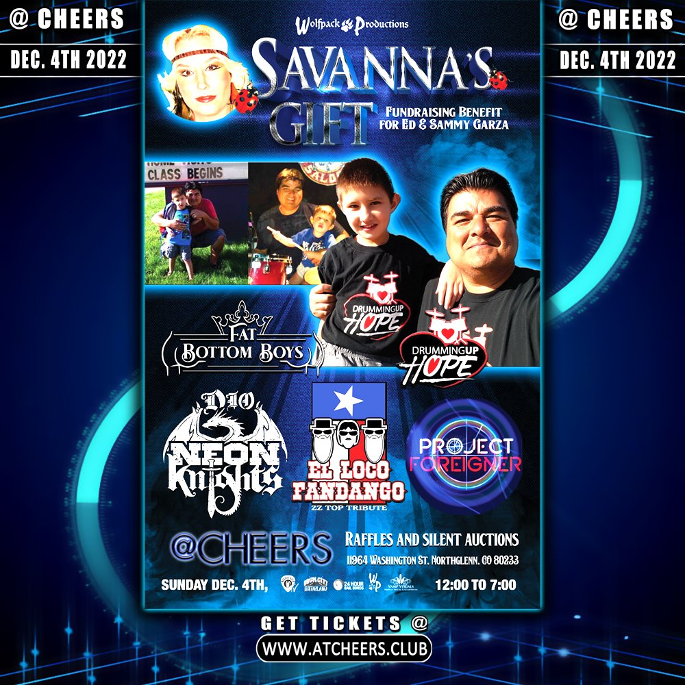 This Sunday 11 - 6 @AtCheers in #Northglenn #Colorado a super huge #SavannasGift & #DrummingUpHope party to benefit Sammy Garza with lots of cool raffle & auction donations up for grabs including a #LastinLine #autographed #guitar #giftcerts #LiveBands & More!See u there #Denver